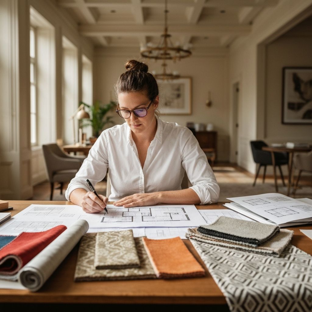 Interior designer working with fabric swatches and plans